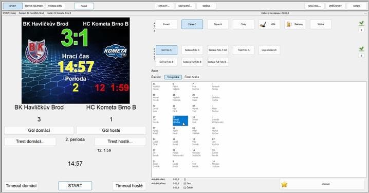 ASSportManager Touch — hokejové rozhraní (BK Havlíčkův Brod vs HC Kometa)