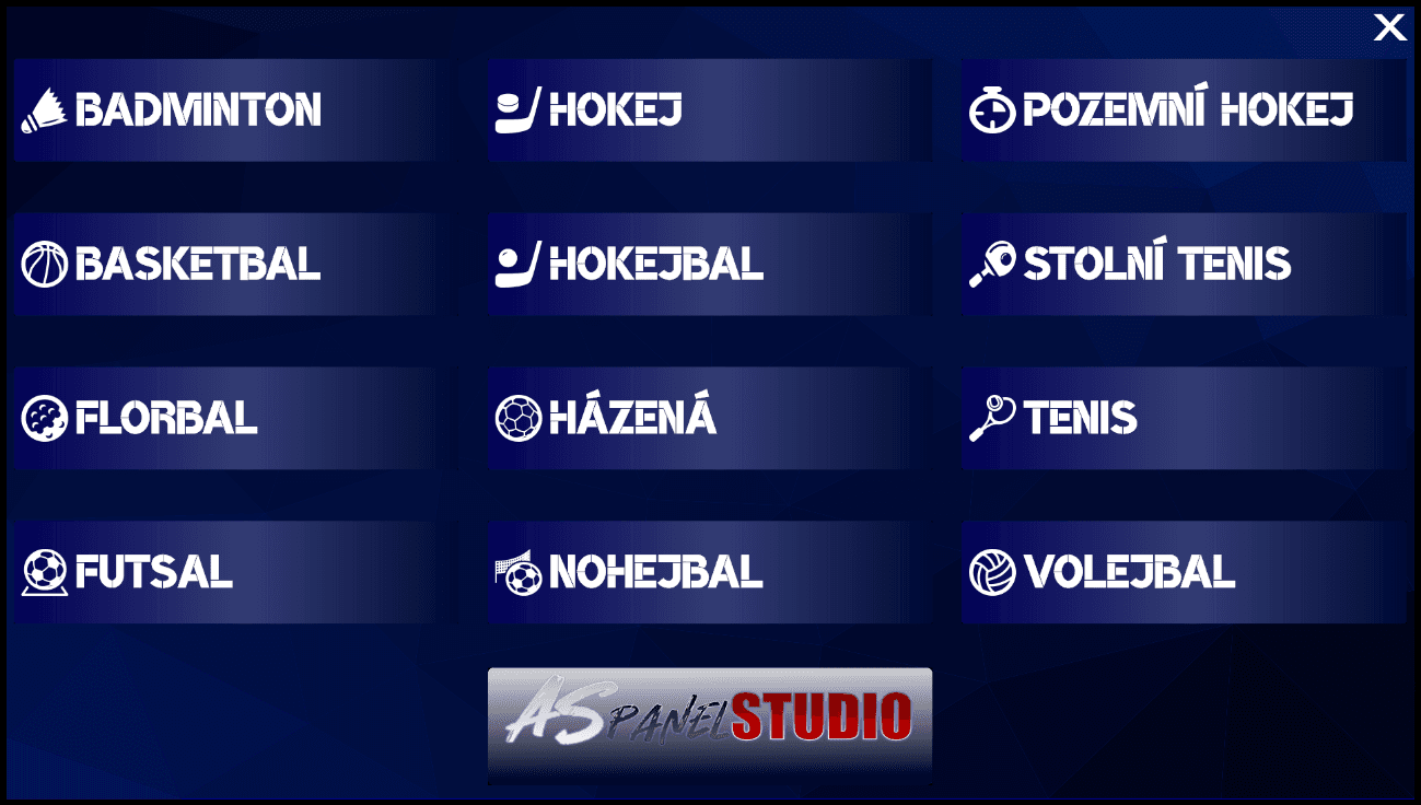 ASpanel Studio — výběr sportu (12 sportů)